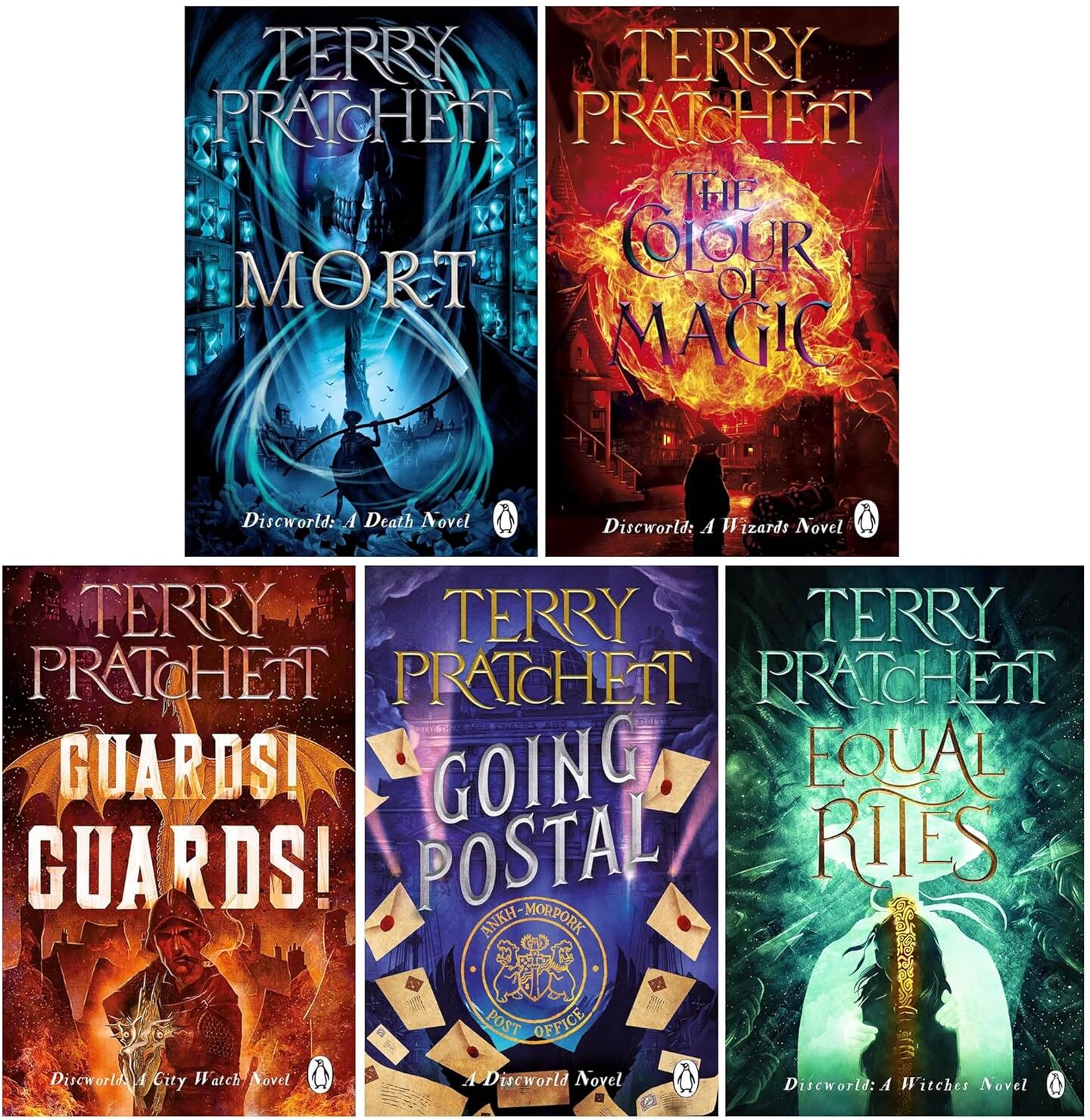 Corgi Terry Pratchett Discworld Novels Series 5 Books Collection Box Set   The Colour of Magic, Equal Rites, Mort, Guards! Guards! & Going Postal - Magical