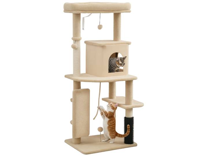 Arbre à gratter pour chat Pawhut 132 cm avec plateformes, poteau avec brosse, balles suspendues et tapis à gratter beige
