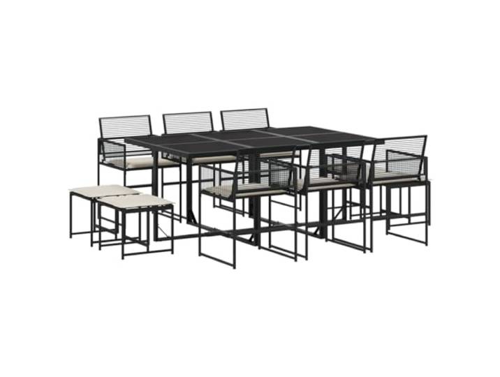 PUGYNBK 11-teiliges Esszimmer Set aus synthetischem Rattan in schwarz Gehärtetes Glas, Klappstühle, gepolsterte Kissen, kompakte Aufbewahrung