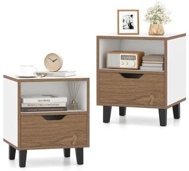 Costway Nightstand Set of 2 with Drawer and Open Storage Shelf for Bedroom-White