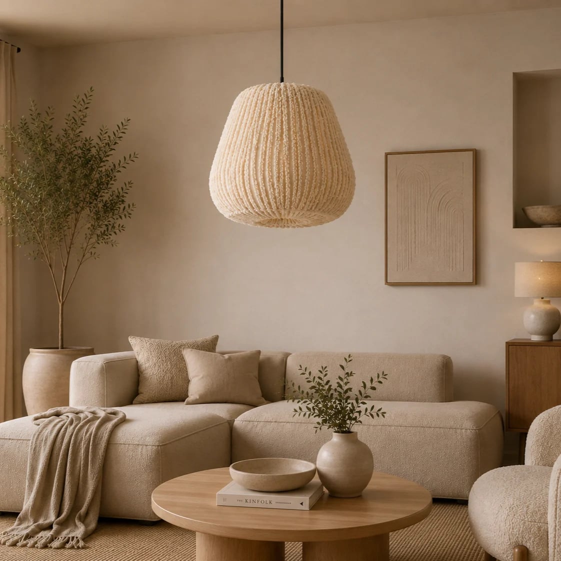 PTMD Tayma Hanglamp Beige Striped met Textiel en Metaal