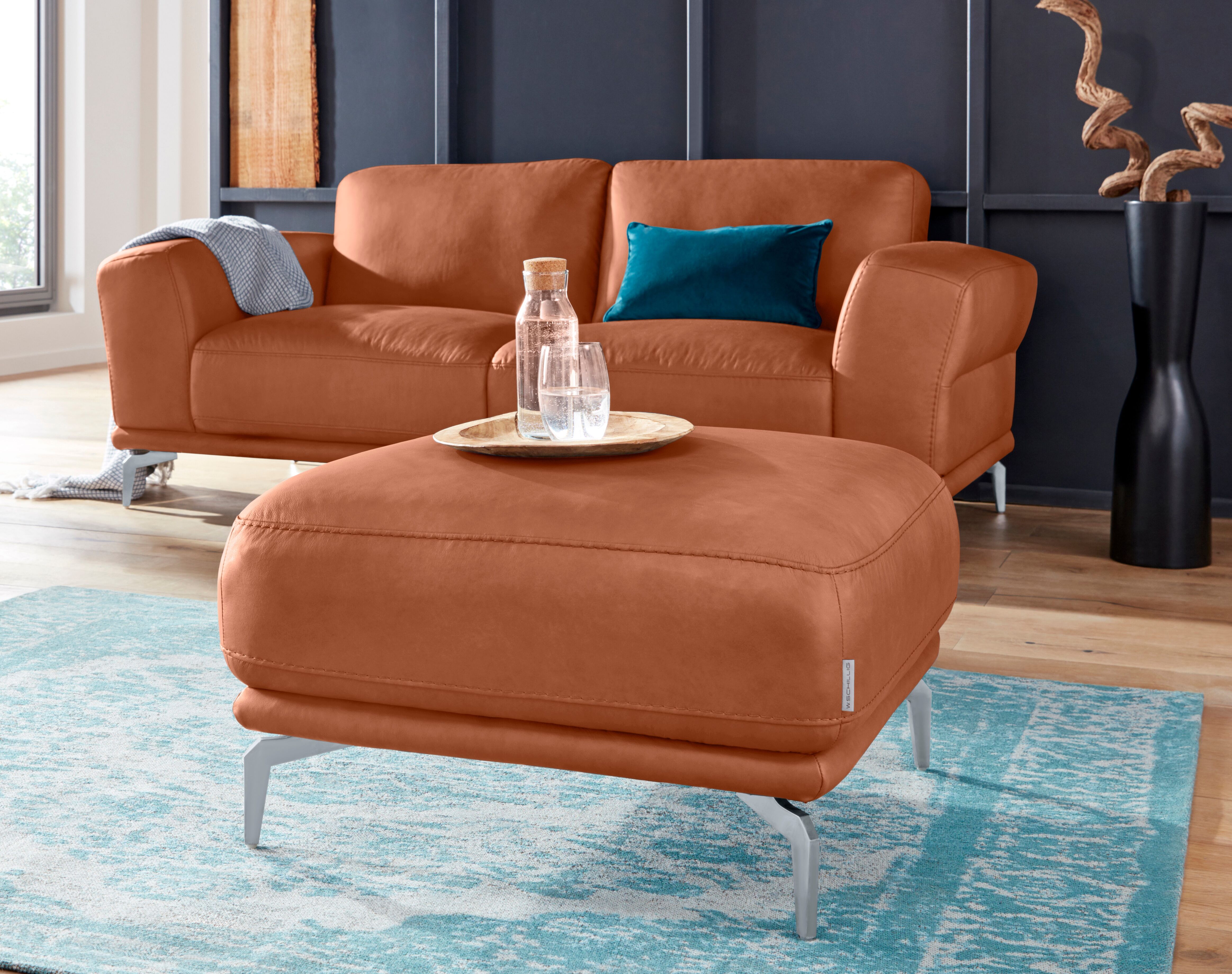 Hocker W.SCHILLIG "montanaa", braun (cognac z69), B:71cm H:42cm T:71cm, Hocker, Hocker, mit Metallfüßen in Silber matt, Breite 71 cm