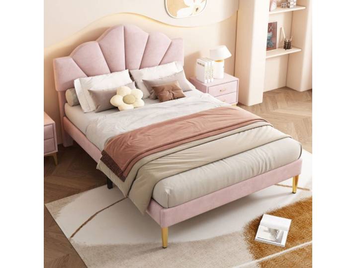 Lit capitonn 140x190 cm lit double en velours avec sommier lattes et tte de lit - rose