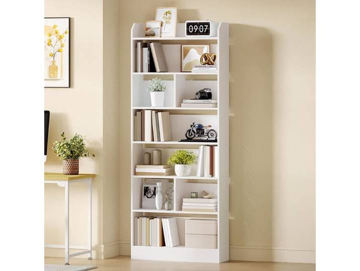 Bibliothèque Étagère à 7 Niveaux Meuble de Rangement Livres Cloison Séparateur Présentoir pour Salon Chambre Blanc