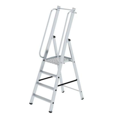 Munk Plattformleiter, 4 Stufen, Aluminium, stabile Rechteckrohr-Holme, große Plattform, Handläufe vormontiert, rutschsichere Leiterschuhe, 150 kg