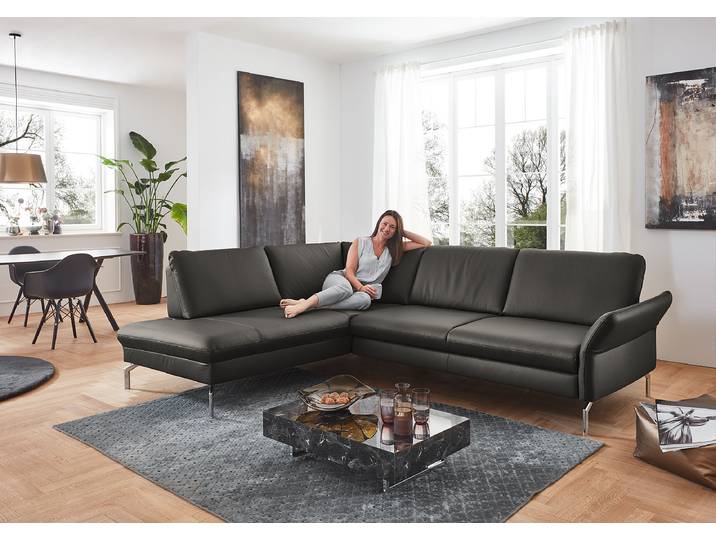 Ecksofa Wilcolo mit Ottomane Grau Echtleder Tomma 279 x 89 x 220cm Ottomane davorstehend links Keine Funktion Modern