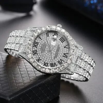 Market Central Luxury Gold Diamond Bling Watch For Men With Quartz Movement Calendar Design c