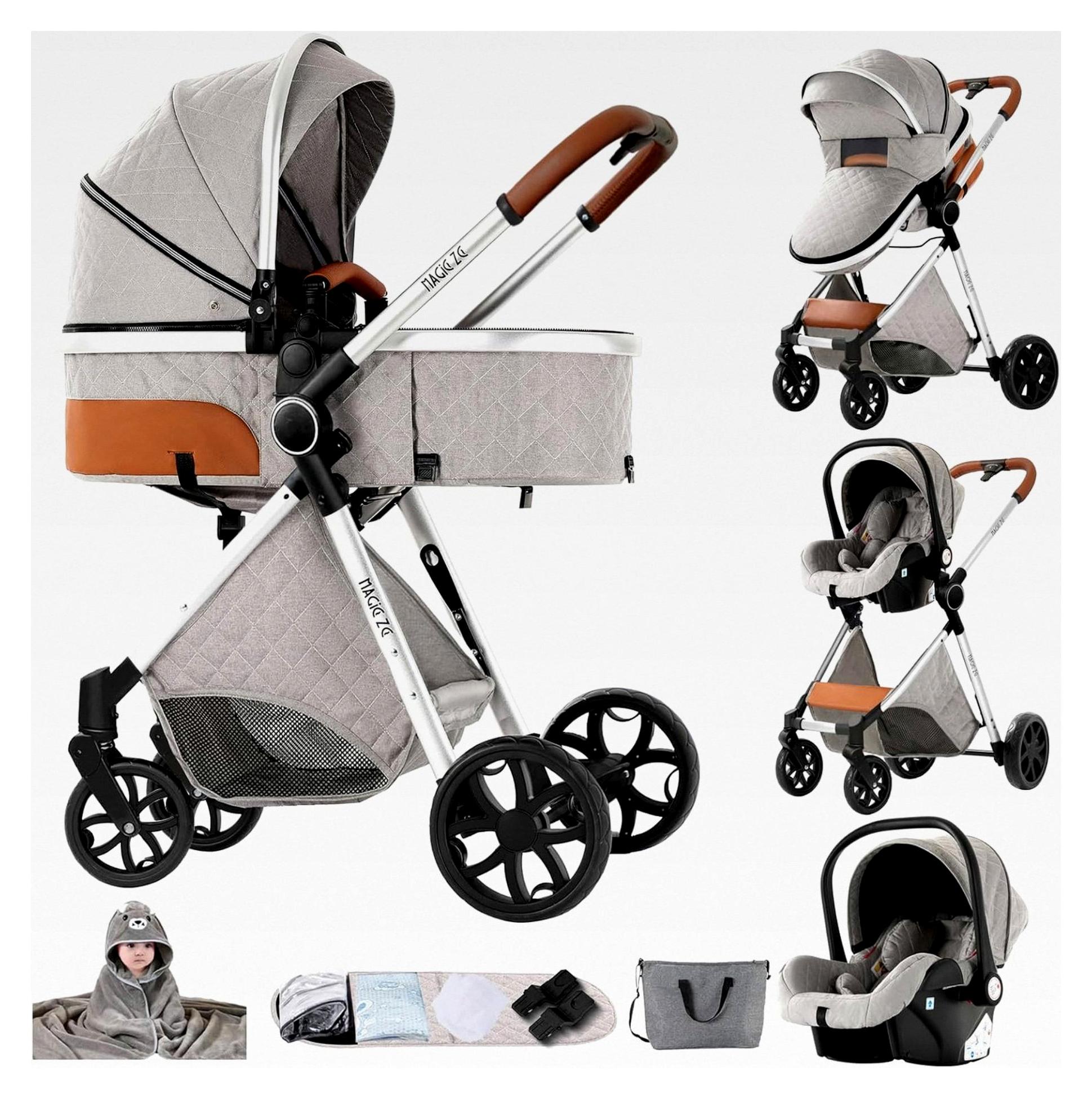 3-in-1 Kinderwagen, Buggy mit Umkehrbarem Zwei-Wege-Schub, Faltbarer Tragbarer Kinderwagen mit One-Click-Design, Komplettset mit Zubehör für Hohe Landschaft