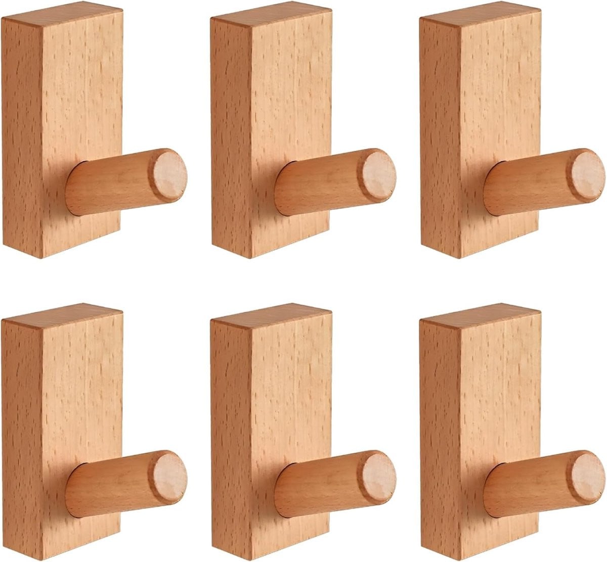 Set van 6 bruine houten wandhaken voor het opbergen van kleding en accessoires