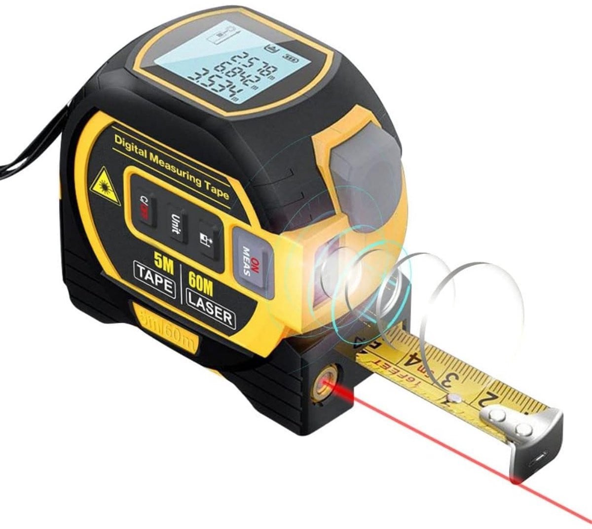 3-in-1 digitale lasermeter met gekruiste laserlijnen, 30 meter laserafstandsmeter en 4,5 meter meetlint, zwart-geel