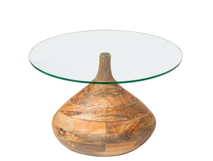 DRW Runder Couchtisch aus Glas und Holz, transparent und naturfarben, 57 x 57 x 39 cm