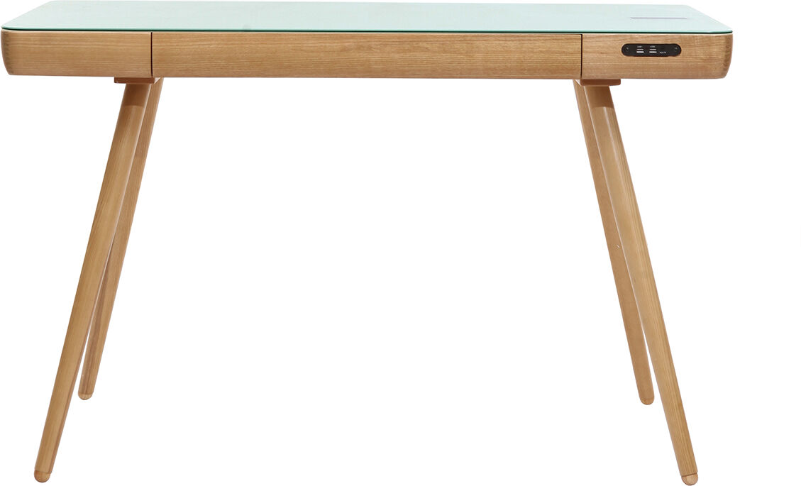 Miliboo Bureau connecté multimédia avec tiroir en verre et bois clair L120 cm CLEVER