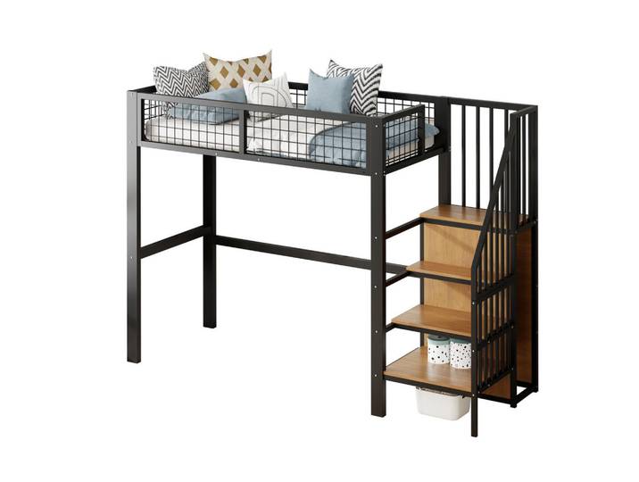 Modfu Hochbett aus Metall 90x200 cm in Schwarz mit Leiter & Kleiderschrank, 90x200 cm, Babymöbel & Kindermöbel, Kinderzimmer & Jugendzimmer, Kinderbetten, Hochbetten