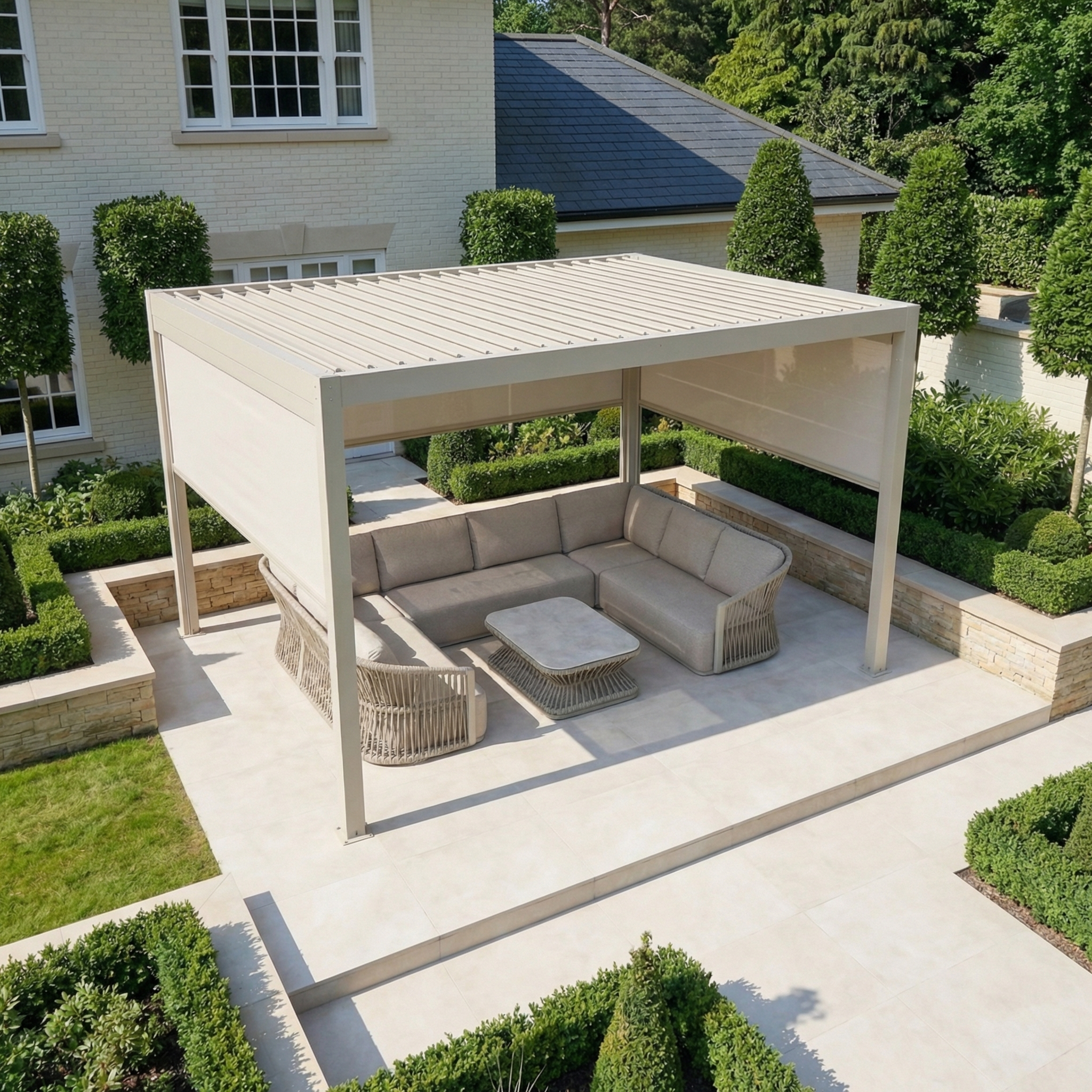 Harbour Lifestyle PergoSTET Plus 4m x 4m Square Pergola with 3 Manual Side Blinds and LED Lighting in Latte