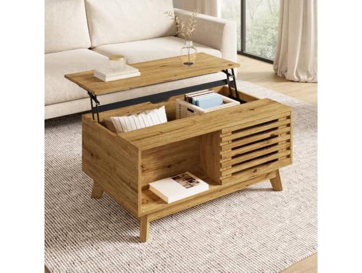 Merax Couchtisch 90x55x57,5 cm, Modern Retro mit höhenverstellbarer Tischplatte, verschiebbarer Jalousietür und MDF-Korpus – multifunktionaler Wohnzimmertisch, Holzoptik