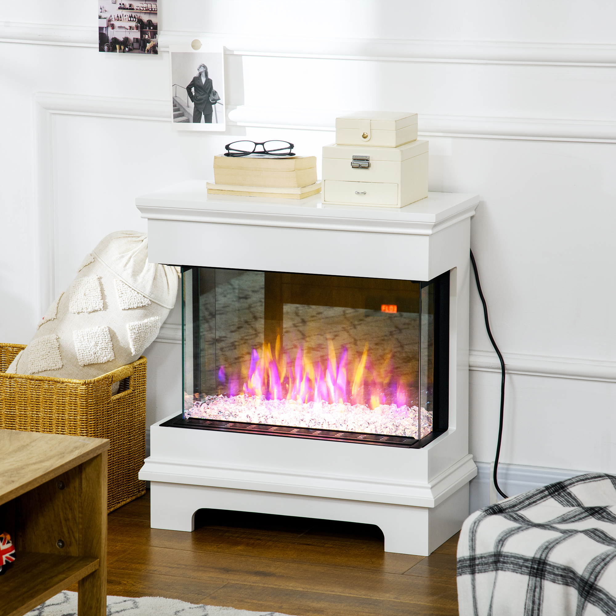 Homcom Caminetto Elettrico a 10 Colori con Spegnimento Automatico e Timer da 12h, 61x28x66.5 cm, Bianco Aosom