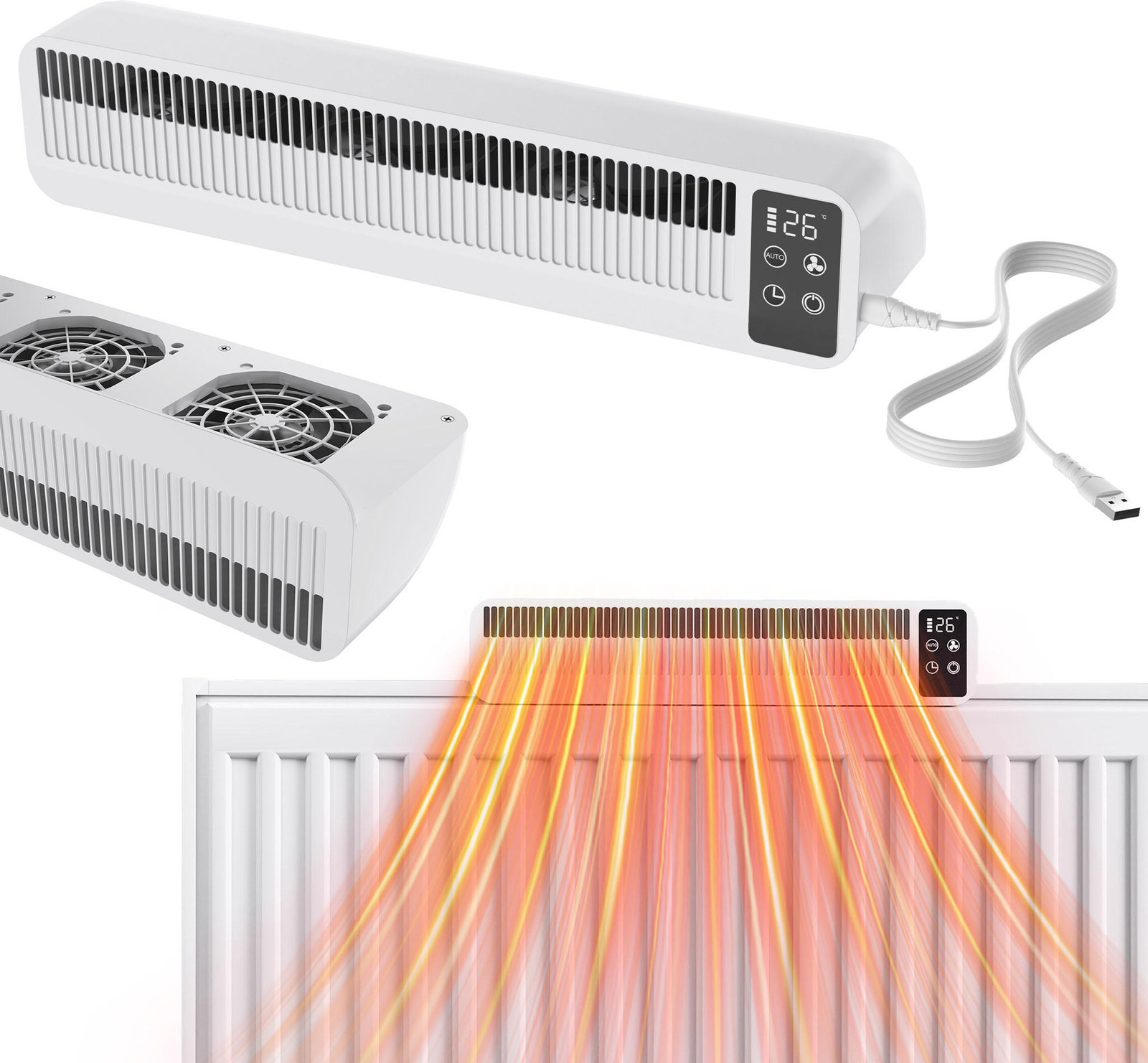 XMTECH Slimme radiatorventilator, draadloos of met kabelaansluiting met automatische modus, timer en 3 snelheidsstanden