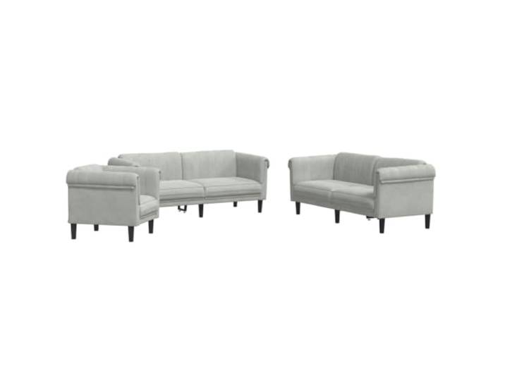 Todiikf 3-TLG Sofagarnitur Hellgrau Samt Couch Set 3-Sitzer 2-Sitzer Sessel Eleganter Samtbezug und stabiles Holzgestell fuer das Wohnzimmer. Hoher Sitzkomfort fuer Entspannung und gemeinsame Stunden.