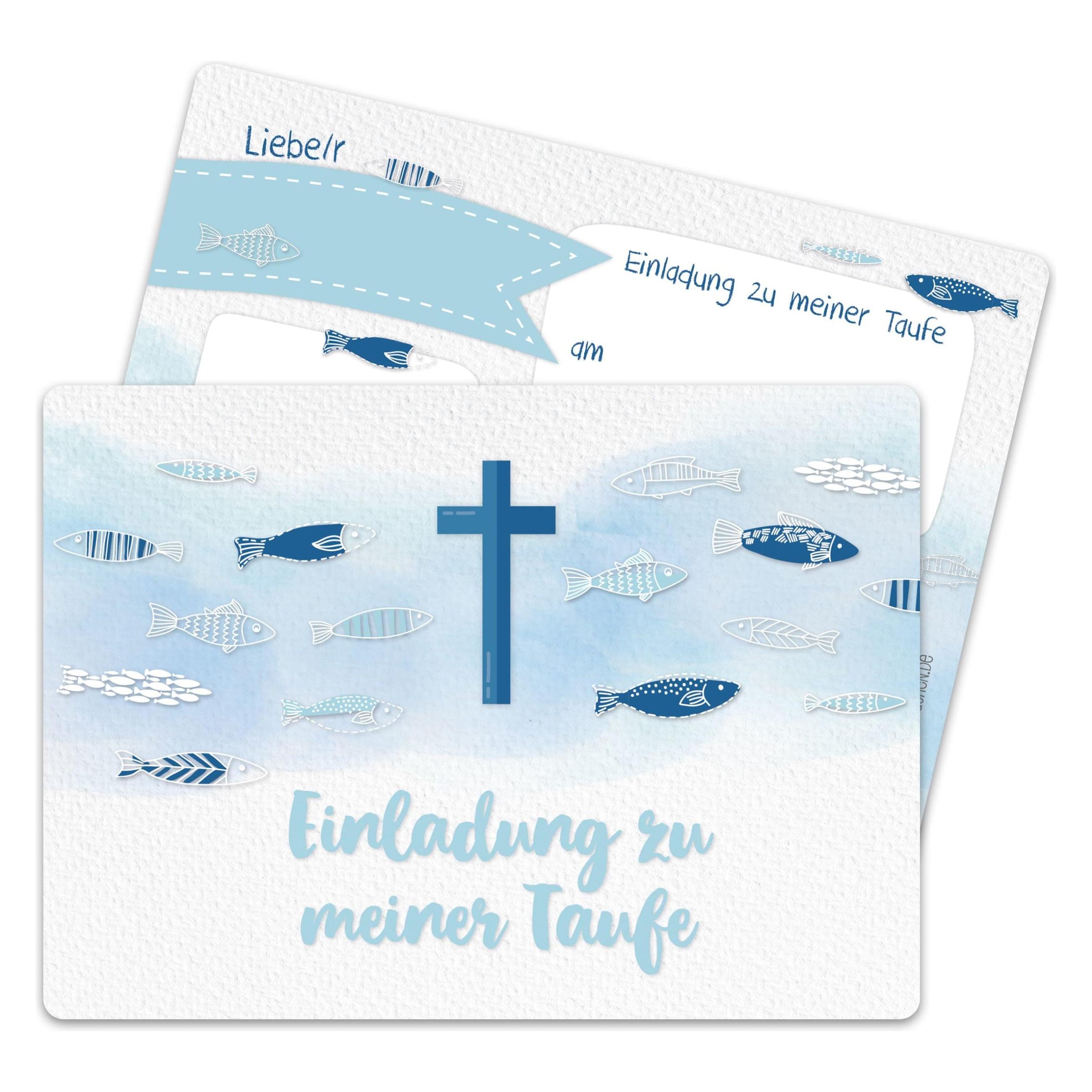 Papierdrachen 12 Einladungskarten zur Taufe - Kreuz und Fische (12 Stk.) (71720134)