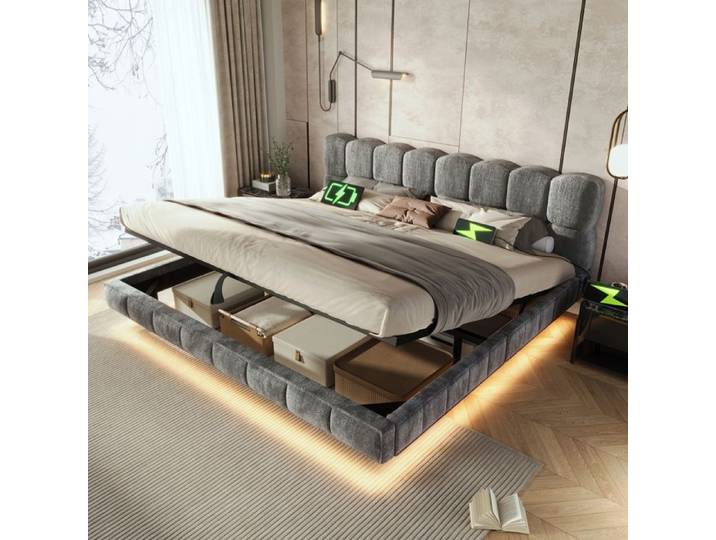 Lit rembourré 180x200 cm gris en chenille coffre hydraulique LED USB/Type-C style nuage sans matelas