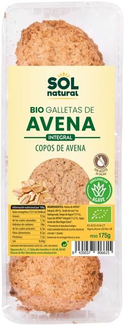 Sol Natural Bolachas De Aveia e Agave Bio 175g