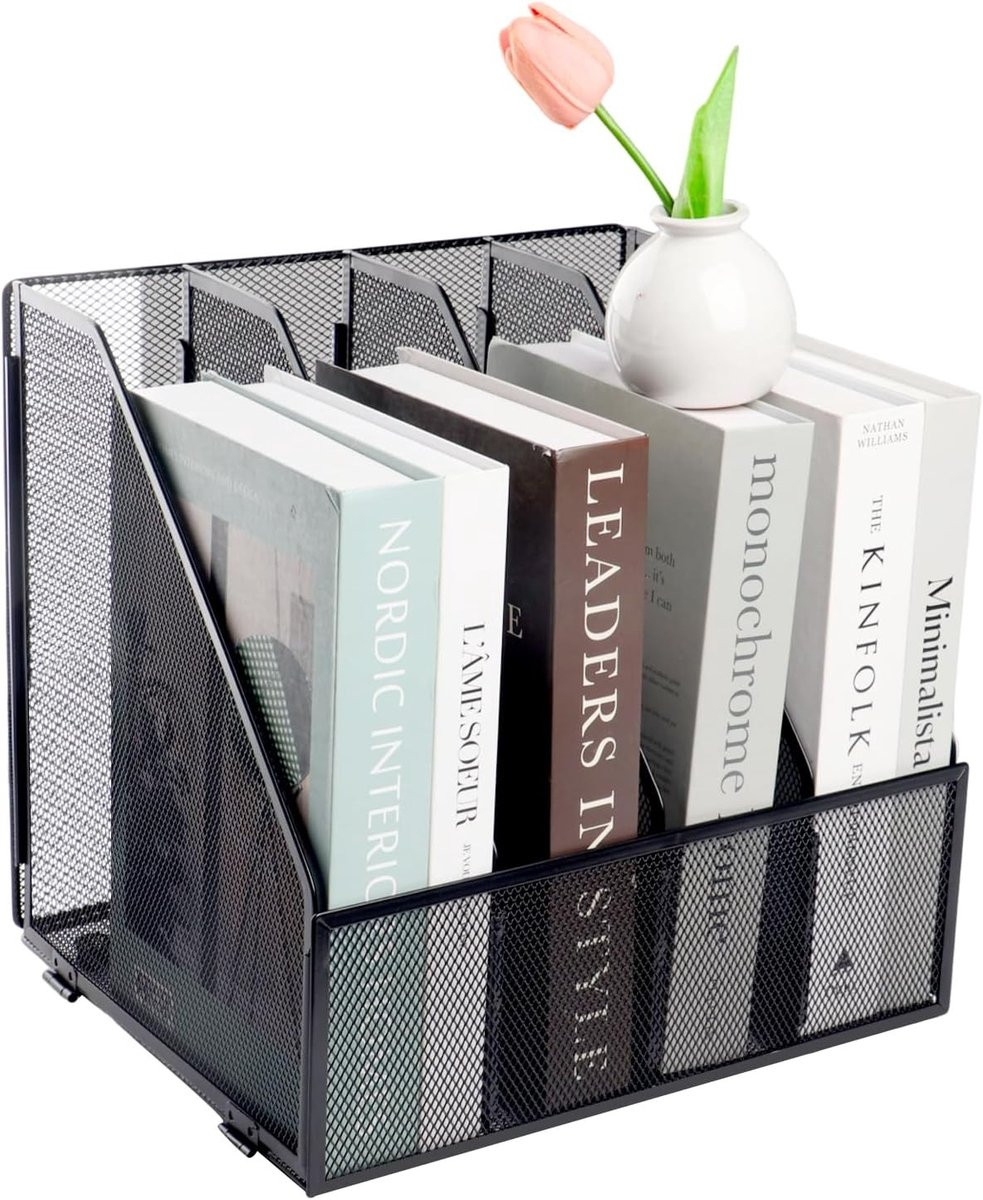A4 Magazinehouder van Metaal met 4 Secties, Zwart Desk Document Organizer en Opbergrek voor een Opgeruimd Bureau
