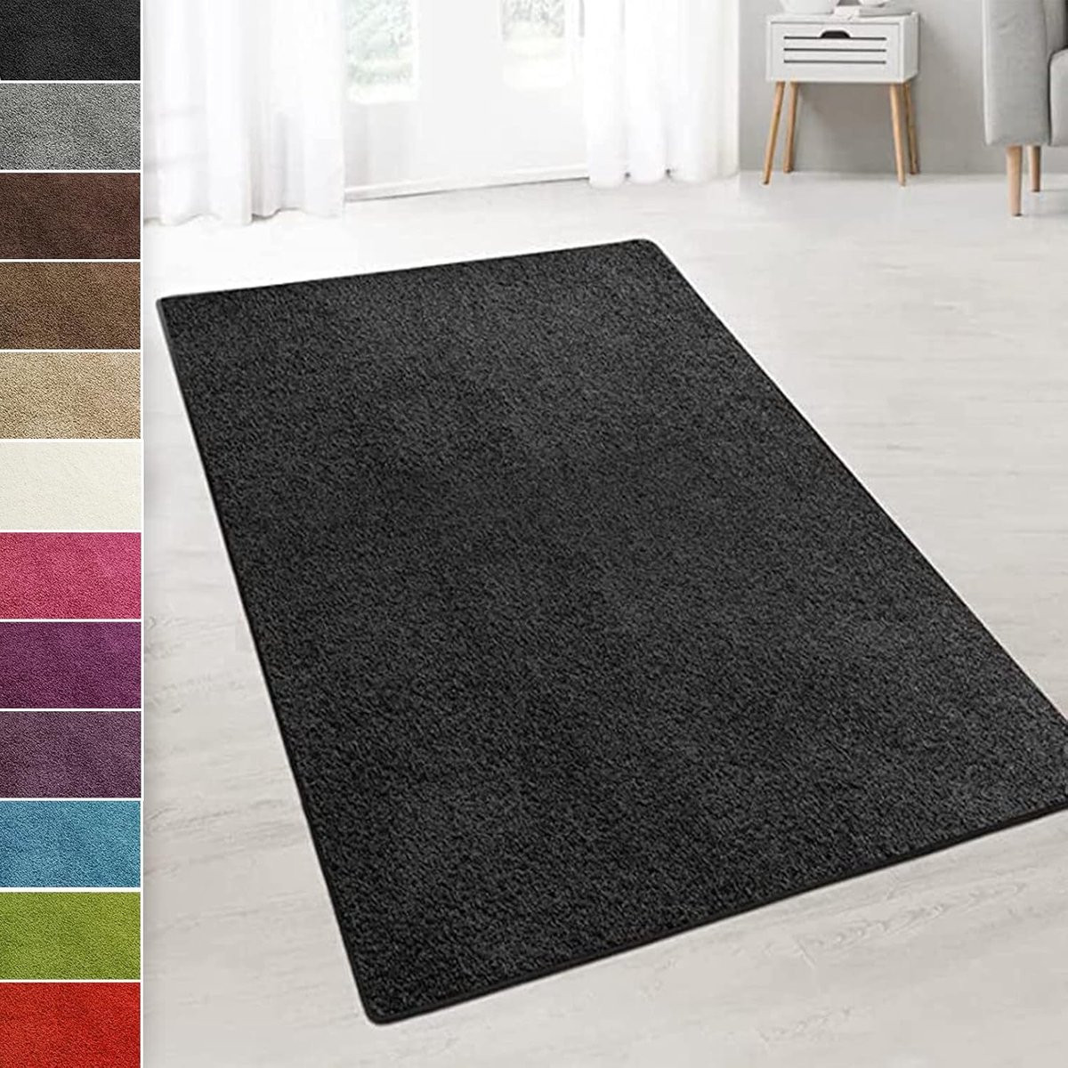 Zwart hoogpolig vloerkleed met antislip schuimlaag, 66 x 100 cm