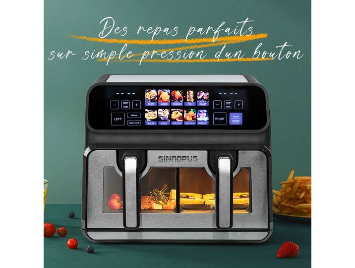 Friteuse à air Sinaopus 2200W, friteuse sans huile, double panier 9L, friteuse à air, double panier, friteuse à air chaud, écran tactile LED, minuterie, programmes automatiques, sans huile, friture