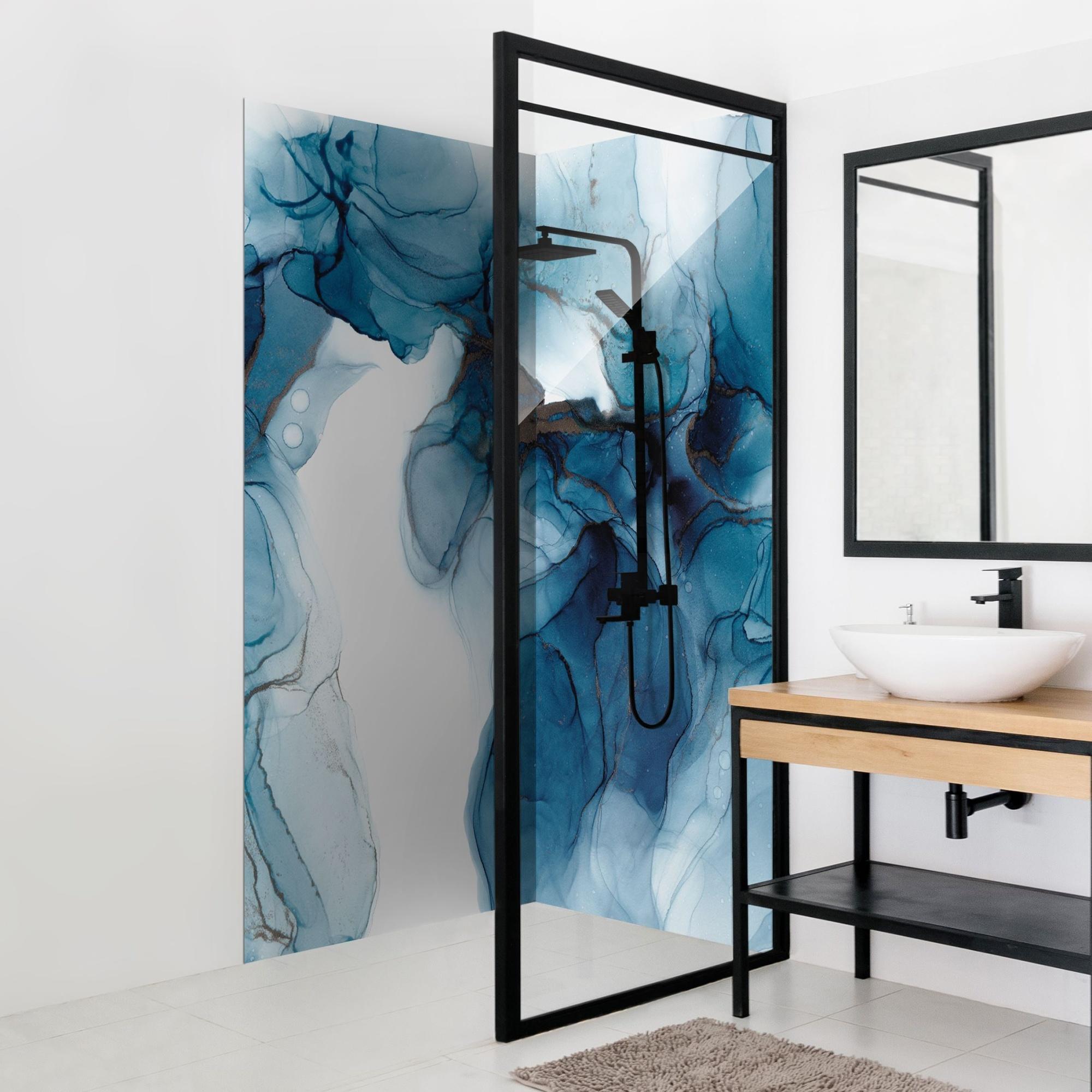 Duschrückwand originell selbstklebend - 0.35 mm Wandpaneel wasserfest Design blau Aquarell Badrückwand fugenlos Smart matt 110x210 cm