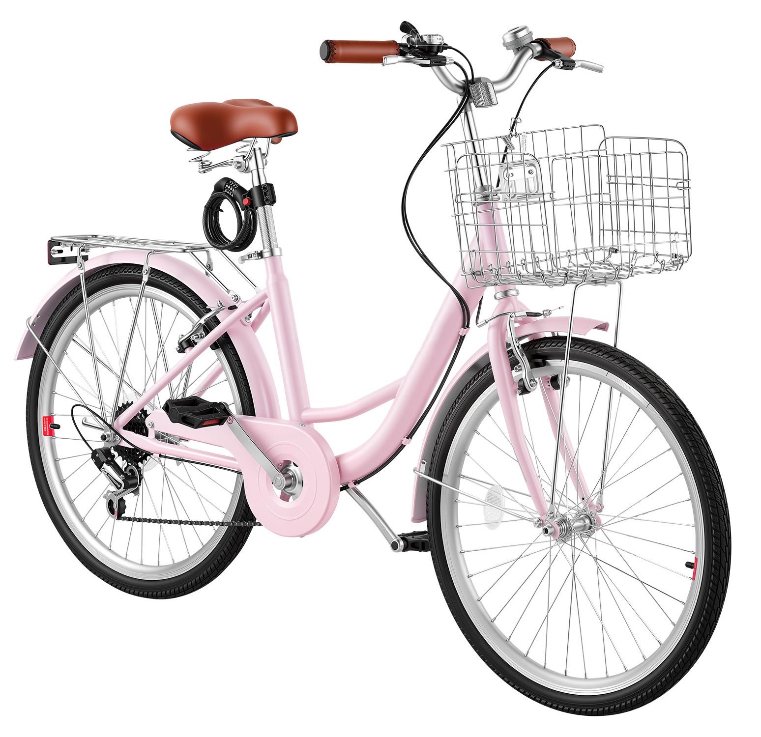 SucceBuy Damenfahrrad 24 Zoll Cruiser-Fahrrad 150 kg 7-Gang Citybike Pink, ideal für Pendelfahrten, Einkäufe und Strandtouren, ausgestattet mit V-Bremsen, 50 kg Gepäckträger, Schutzblechen und Handschuhen