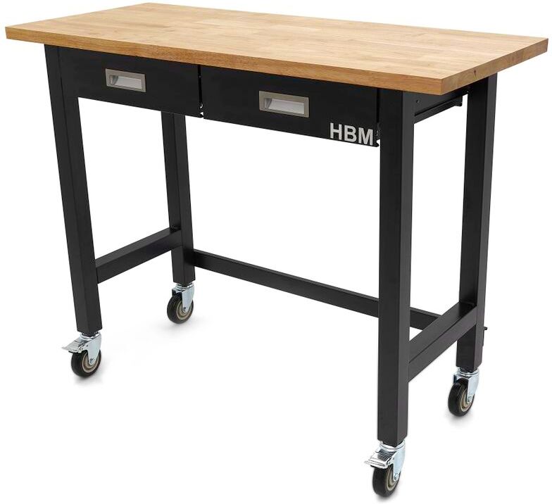 HBM Werkbank 122 cm mit 2 Schubladen, fahrbar, massive Holzarbeitsplatte, schwarz