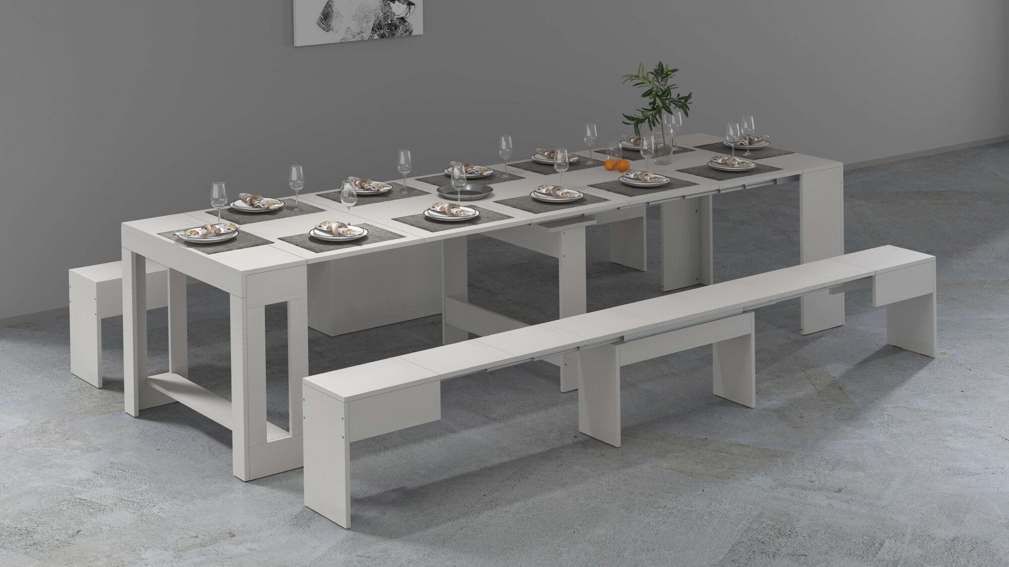 Sitzgruppe HOME AFFAIRE "Praktika", weiss (weiß lärche), B:290cm H:45cm T:25cm, Sitzmöbel-Sets, Sitzgruppe, Je Bank ausziehbar bis 290 cm weiß lärche B/H/T: 290cm x 45cm x 25cm, Metallauszug, weiss Lärche