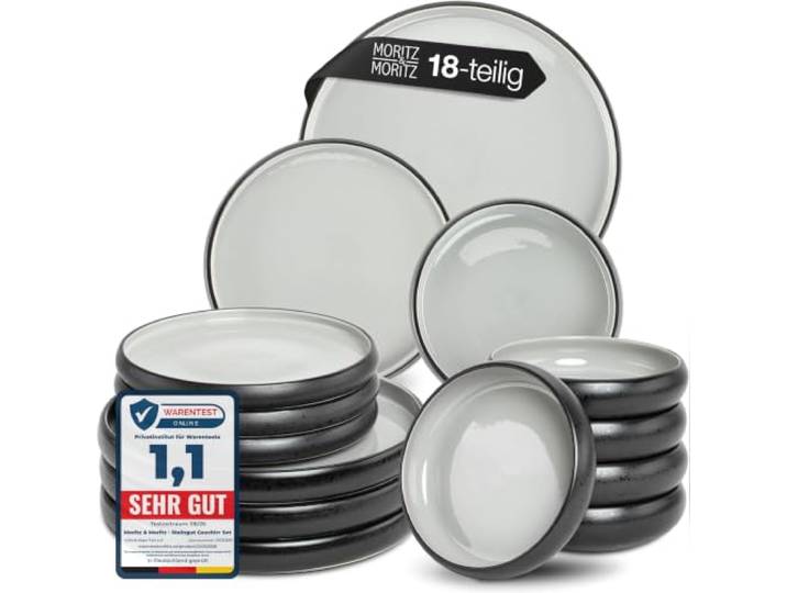 Moritz & Moritz Steingut Geschirrset 6 Personen Grau 18-teilig - Mikrowellen- & Spülmaschinenfest - Teller Set bestehend aus Speiseteller, Suppenteller, Desserteller - Serie Solid Uni
