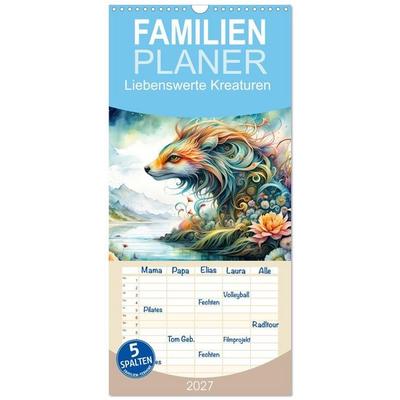 Familienplaner 2027 - Liebenswerte Kreaturen mit 5 Spalten (Wandkalender, 21 x 45 cm) CALVENDO