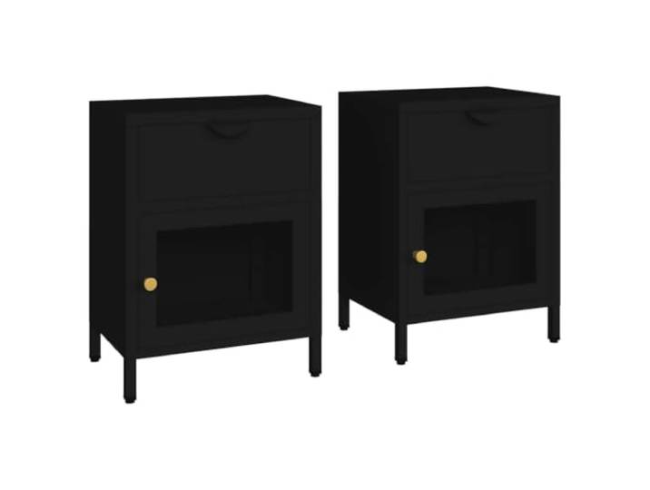 fsahslih 2X Nachttisch Schwarz 40x30x54,5 cm Beistelltisch Glas Stahl Eleganter Beistelltisch im Schlafzimmer mit kompakter Schublade, robuster Glasplatte und stabilen Stellfüßen.