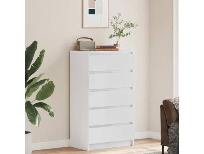 KTHLBRH Weiße Kommode 60 x 36 x 103 cm aus mehrschichtigem Holz mit 5 Robuste Tischplatte für Dekorationen, leicht zu reinigende Oberfläche, viel Stauraum