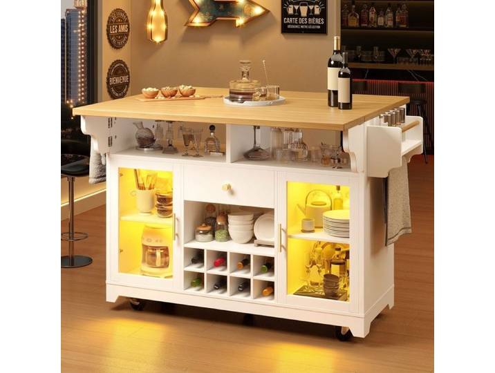 Norevia Desserte de Cuisine sur Roulettes avec Plateau Rabattable et LED RGB 120x80x95 cm Blanc