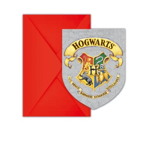Procos 93370 Harry Potter uitnodigingen en enveloppen voor kinderverjaardag, 6 stuks, 9,5 x 14,5 cm, FSC Mix