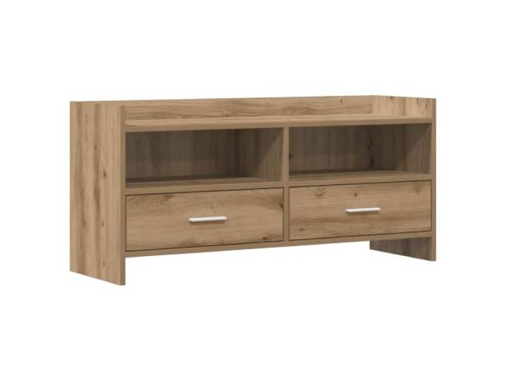 Foknhdi TV-Schrank 100x33x47 cm Lowboard Artisan-Eiche Holzwerkstoff Kompaktes Phonomöbel fürs Wohnzimmer mit 2 Schubladen, 2 offenen Fächern und robusten Metallgriffen für geordnete Medien.