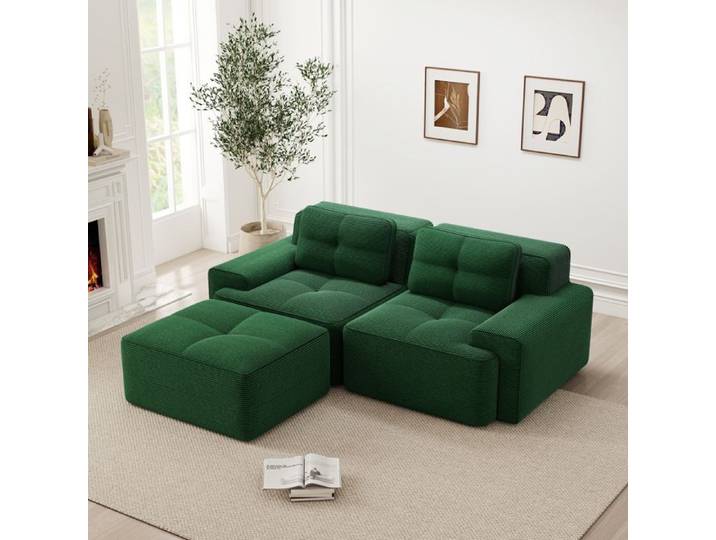 JOINERY canapé d angle modulable 2 places convertible velours côtelé vert avec ottoman assise profonde 74 cm sans montage