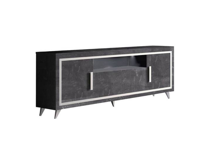 GUEDA - Buffet 4 Portes Effet Marbre Anthracite Finition Argent avec Leds