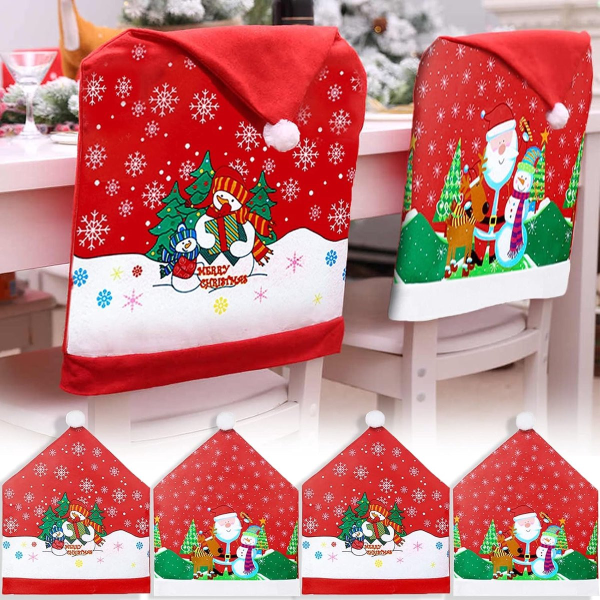 Set van 4 universele stretch kerststoelhoezen voor eetkamerstoelen