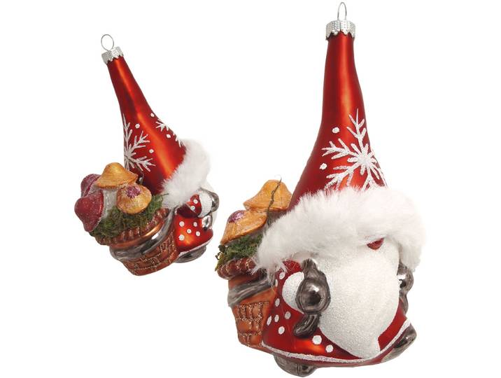 Weihnachtsbaumkugel KREBS GLAS LAUSCHA Baumschmuck Wichtel mit Pilzkorb rot 13cm , rot, B:6cm H:13cm T:8cm Ø:13cm, Glas, Weihnachtsbaumkugeln, Weihnachtsbaumkugel, Dekoriert mit Liebe zum Detail
