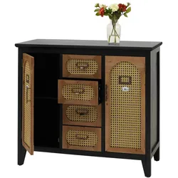 Apothekerkommode MCW-O63, Sideboard Schrank Staufächer Schubladen, Vintage Rattanoptik 80x91x40cm ~ Korpus schwarz