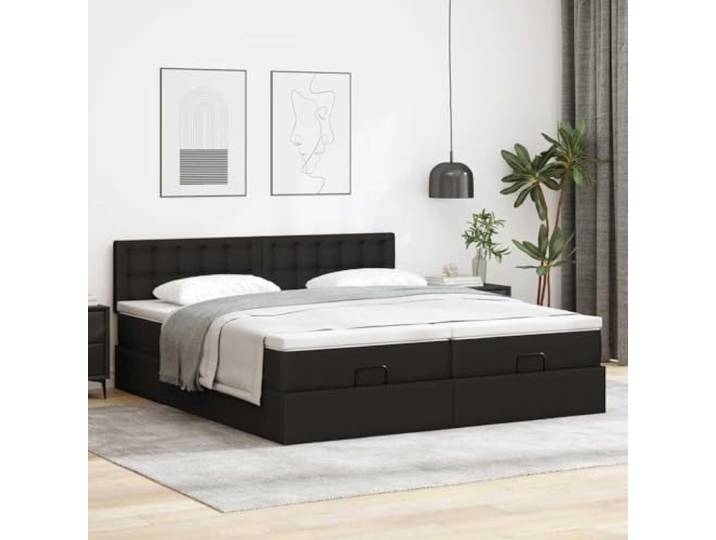KTHLBRH Doppelbett 180 x 200 cm Kunstleder schwarz mit Matratzen Hydraulisches Heben, Behälter, 2 Taschenfederkernmatratzen, 2 Matratzenbezüge