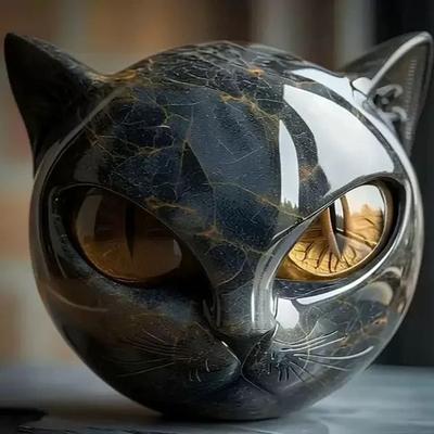Uplifted Finds Obsidian Glaze Feline Sculpture   Emerald Eye Cat Head Figurine   Executive Studio & Mystique Sanctuary Decor yellow