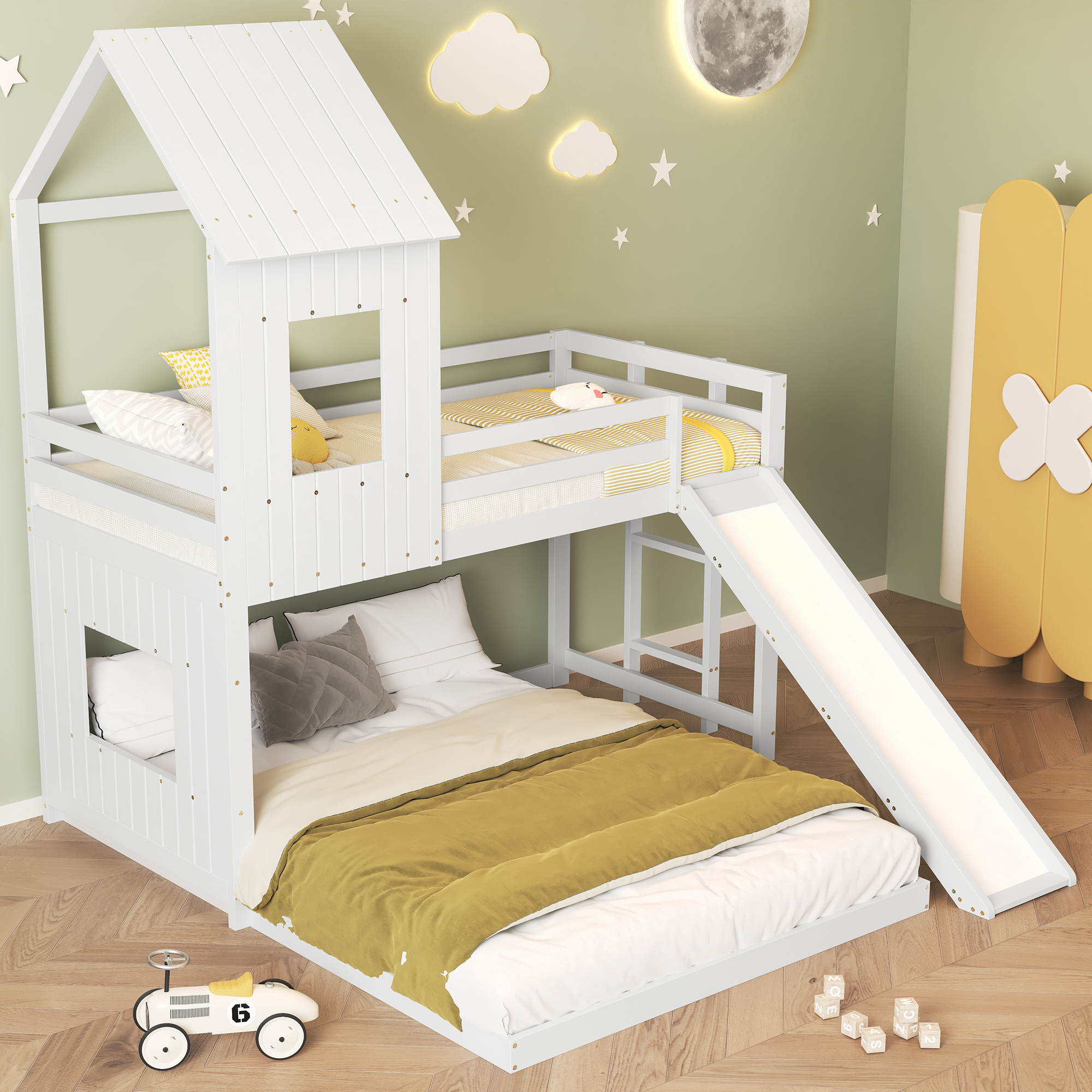 STILVORA Etagenbett 90x200cm&140x200cm, Kinderbett mit Fallschutzgitter, Fenster, dreistufige Leiter und Dach,Einfach zu installieren, Weiß