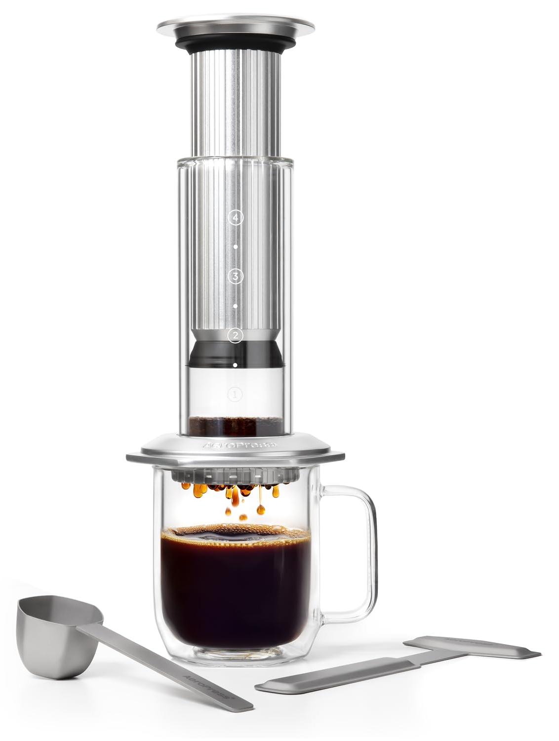Kaffeepresse Glas-Edelstahl-Alu, 3-in-1, French Press & Espresso, 2 Min., Silber