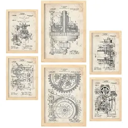 POSTER Set Mit 6 Plakaten Mit Maschinen Patenten Im Vintage Stil A3 & A4 Rahmen Aus Hellem Holz