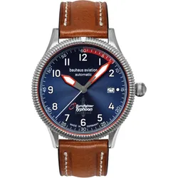Bauhaus Aviation Automatik Aviation Automatik 25563 - Blaues Ziffernblatt mit weißen,Leuchtzeigern,nachts leuchtenden Zahlen/Indices,braun,weiße Naht - 40mm
